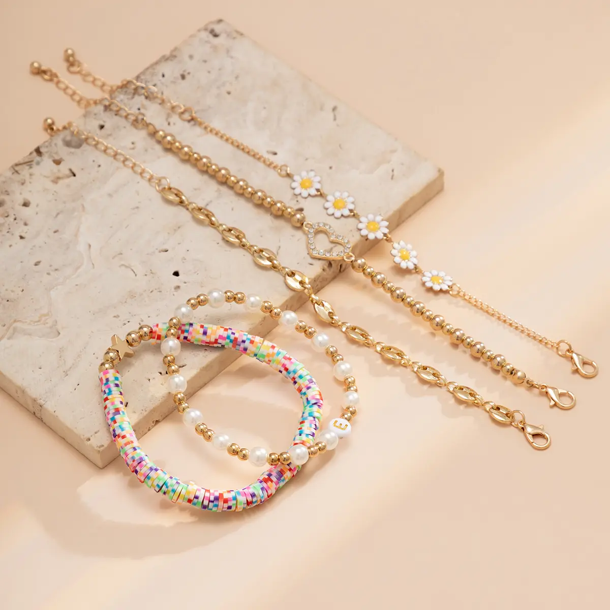 5Pcs/Set Kpop Sunflower Ball Polymer Clay Chain Bracelets for Women 2023 Trending Rhinestone Love Heart Bangles Couple Jewelry