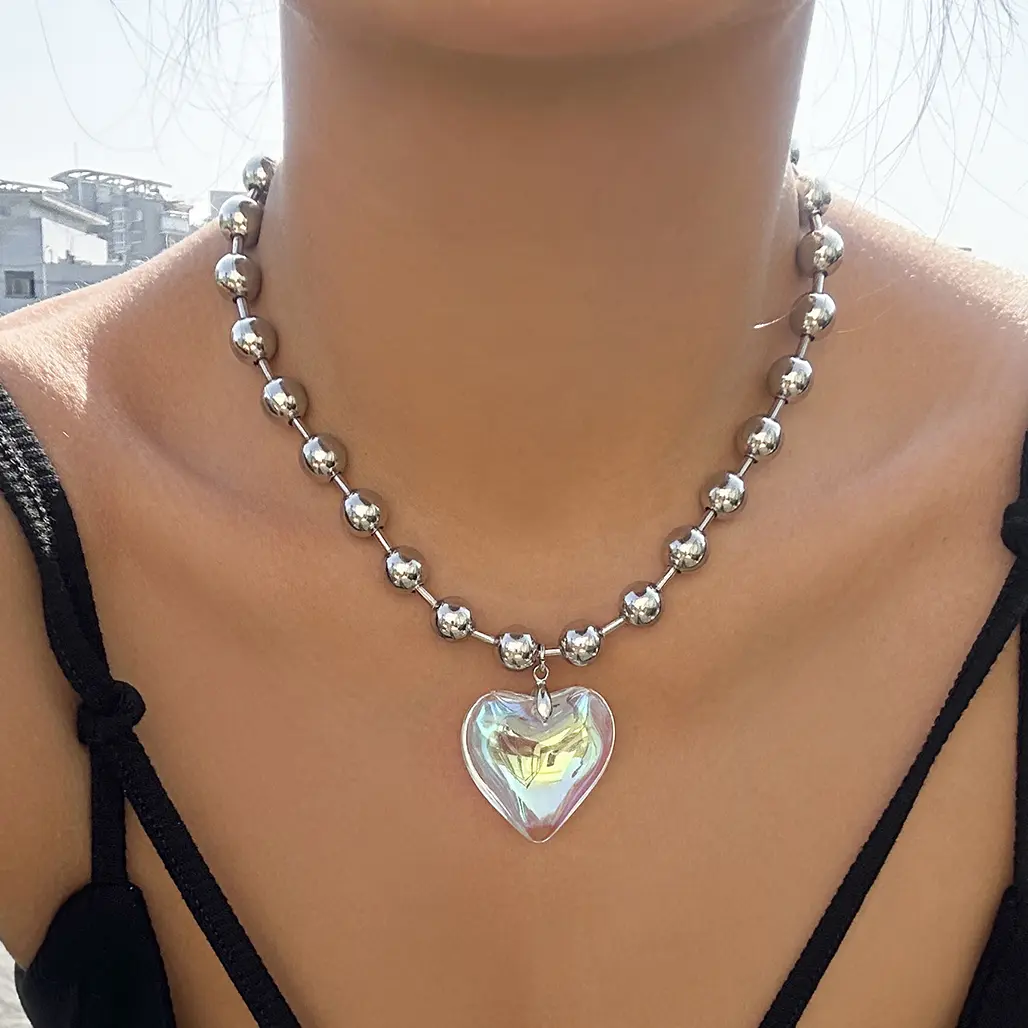 6 Colors Hip Hop Colorful Love Heart Pendant Necklace Women Punk Silver Color Beads Chain Grunge Jewelry Accessories Steampunk
