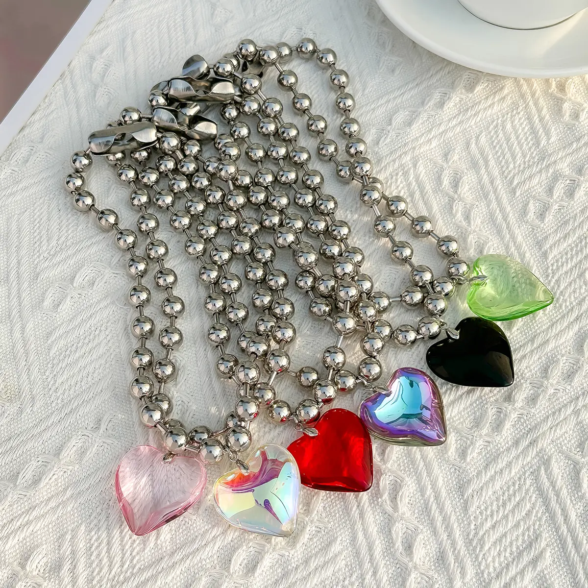 6 Colors Hip Hop Colorful Love Heart Pendant Necklace Women Punk Silver Color Beads Chain Grunge Jewelry Accessories Steampunk