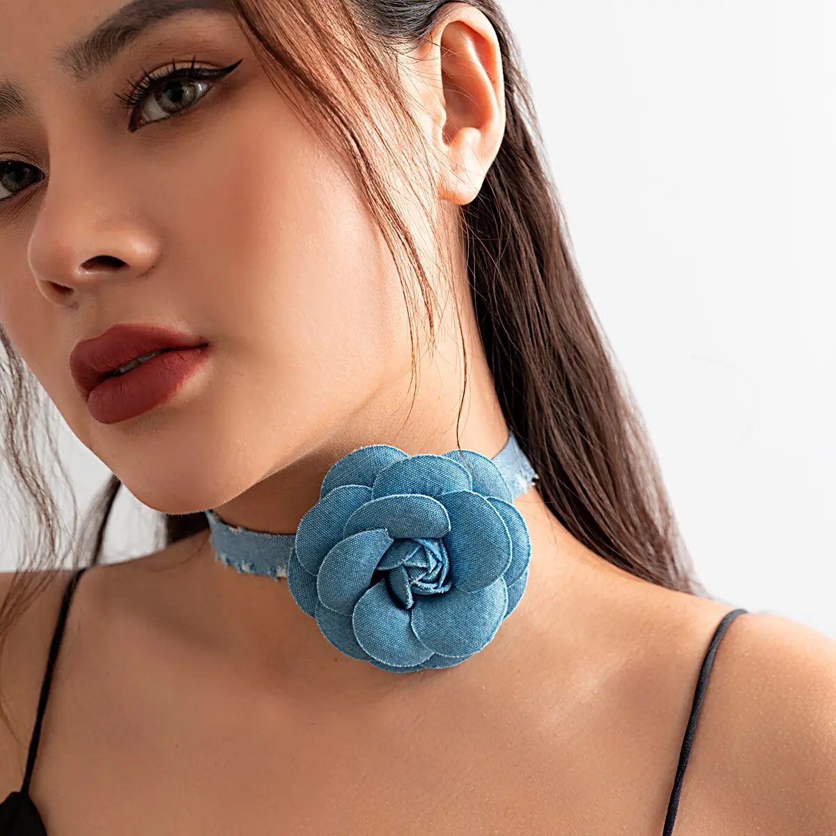 Exaggerated Romantic Blue Denim Big Rose Flower Clavicle Chain Necklace Bracelet for Women Elegant Short Choker Y2K Jewelry Set