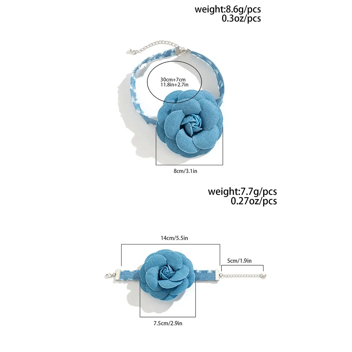 Exaggerated Romantic Blue Denim Big Rose Flower Clavicle Chain Necklace Bracelet for Women Elegant Short Choker Y2K Jewelry Set
