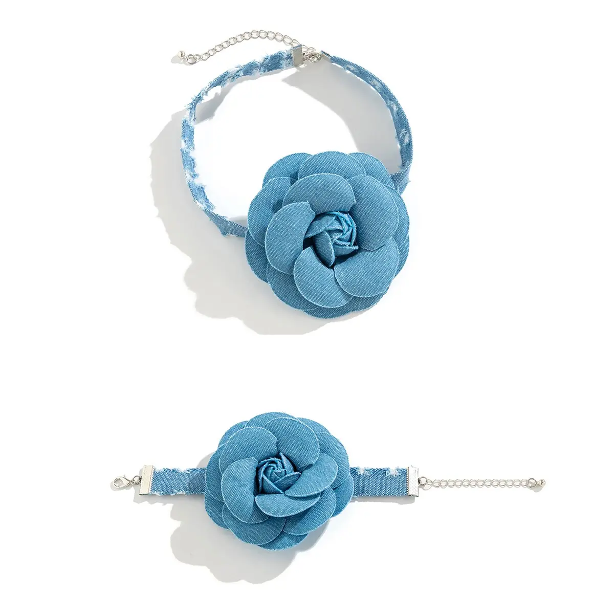 Exaggerated Romantic Blue Denim Big Rose Flower Clavicle Chain Necklace Bracelet for Women Elegant Short Choker Y2K Jewelry Set