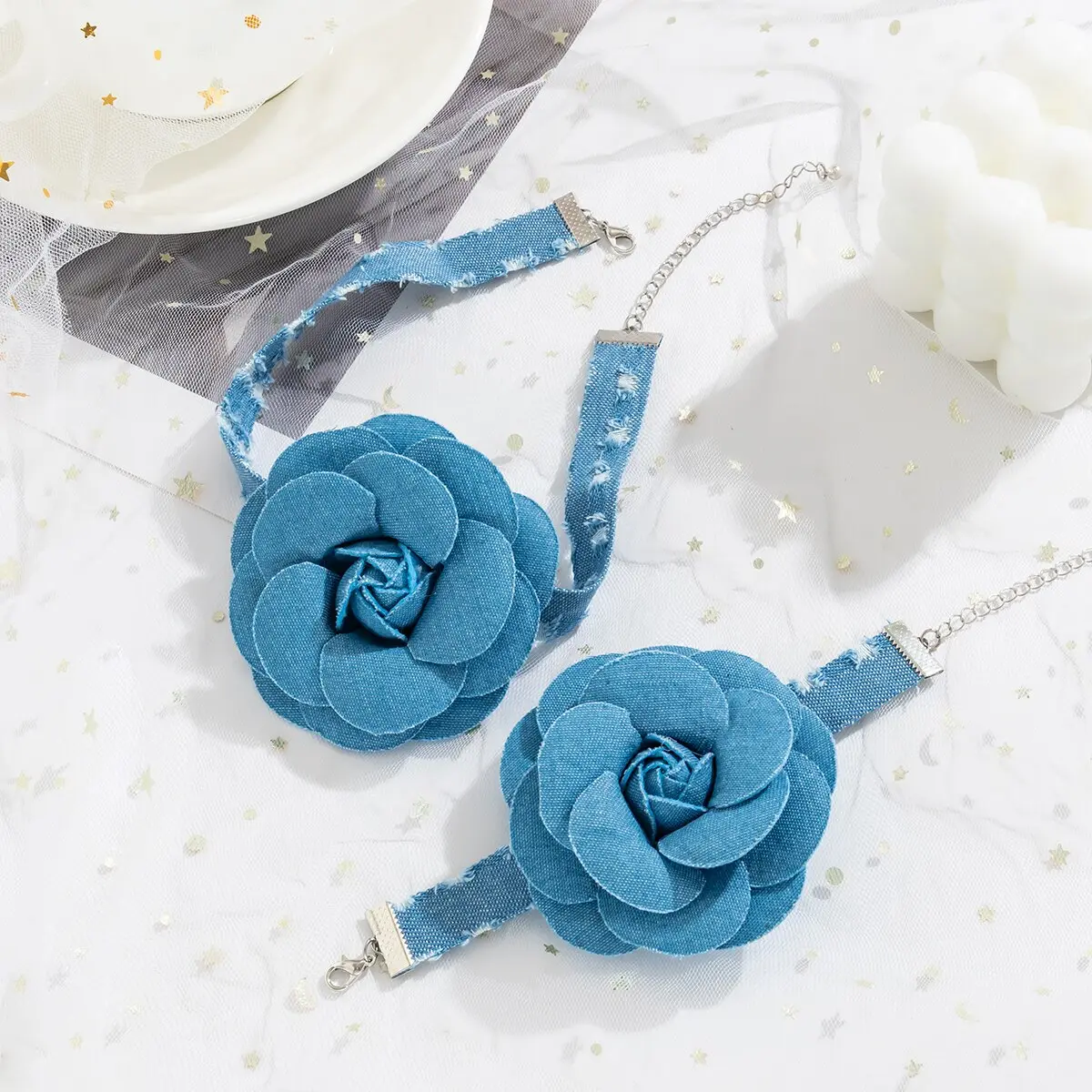 Exaggerated Romantic Blue Denim Big Rose Flower Clavicle Chain Necklace Bracelet for Women Elegant Short Choker Y2K Jewelry Set