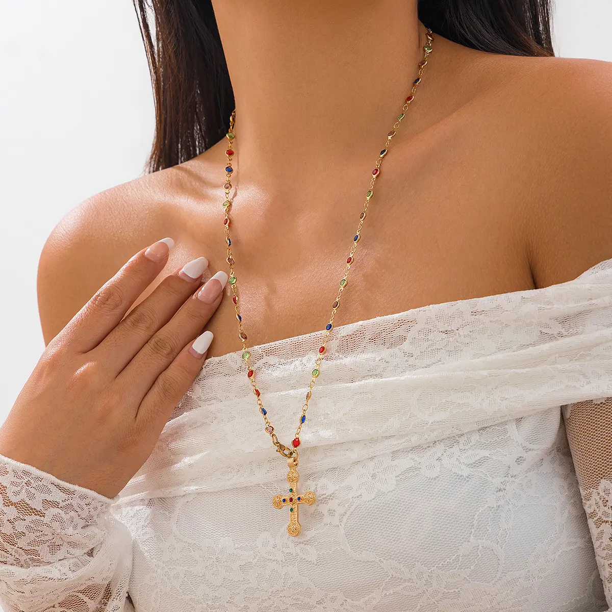 Ingemark Minimalism Jesus Cross Pendant Choker Necklace for Women Goth Colorful Crystal Chain Christian Y2K Neck Jewelry Gift
