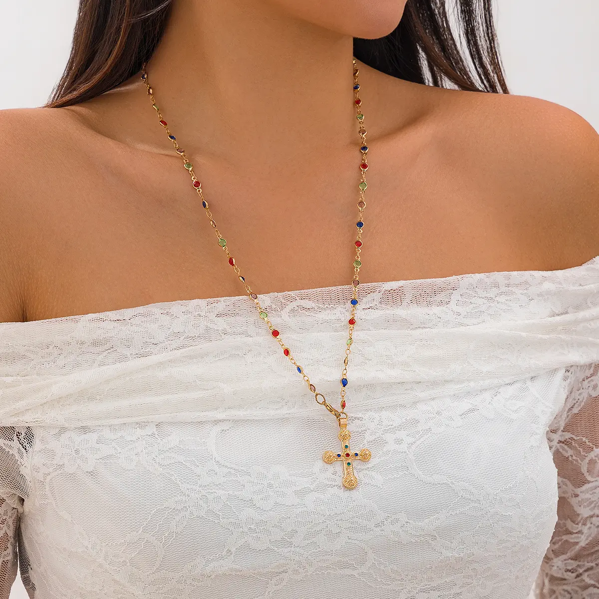Ingemark Minimalism Jesus Cross Pendant Choker Necklace for Women Goth Colorful Crystal Chain Christian Y2K Neck Jewelry Gift
