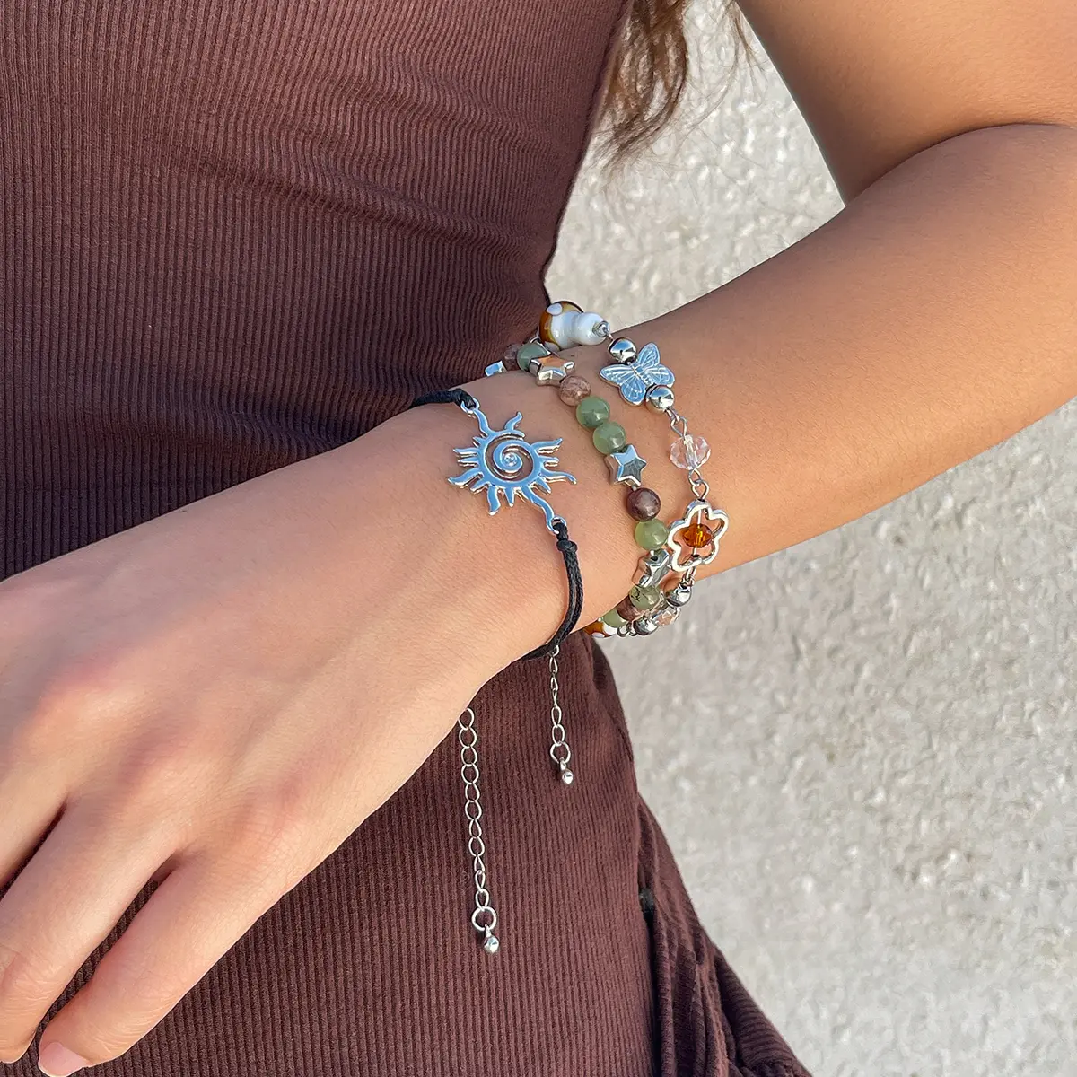 Ingemark 3Pcs Kpop Mushroom Butterfly Chain Bracelets Set for Women Summer Wed Bridal Boho Flower Bead Charm Bangles Y2K Jewelry