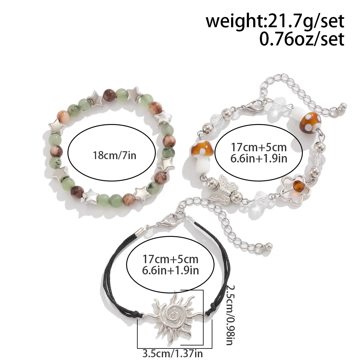 Ingemark 3Pcs Kpop Mushroom Butterfly Chain Bracelets Set for Women Summer Wed Bridal Boho Flower Bead Charm Bangles Y2K Jewelry