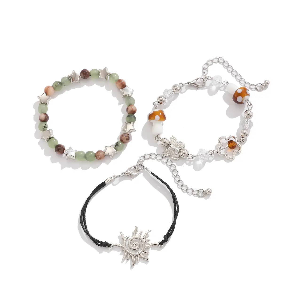 Ingemark 3Pcs Kpop Mushroom Butterfly Chain Bracelets Set for Women Summer Wed Bridal Boho Flower Bead Charm Bangles Y2K Jewelry