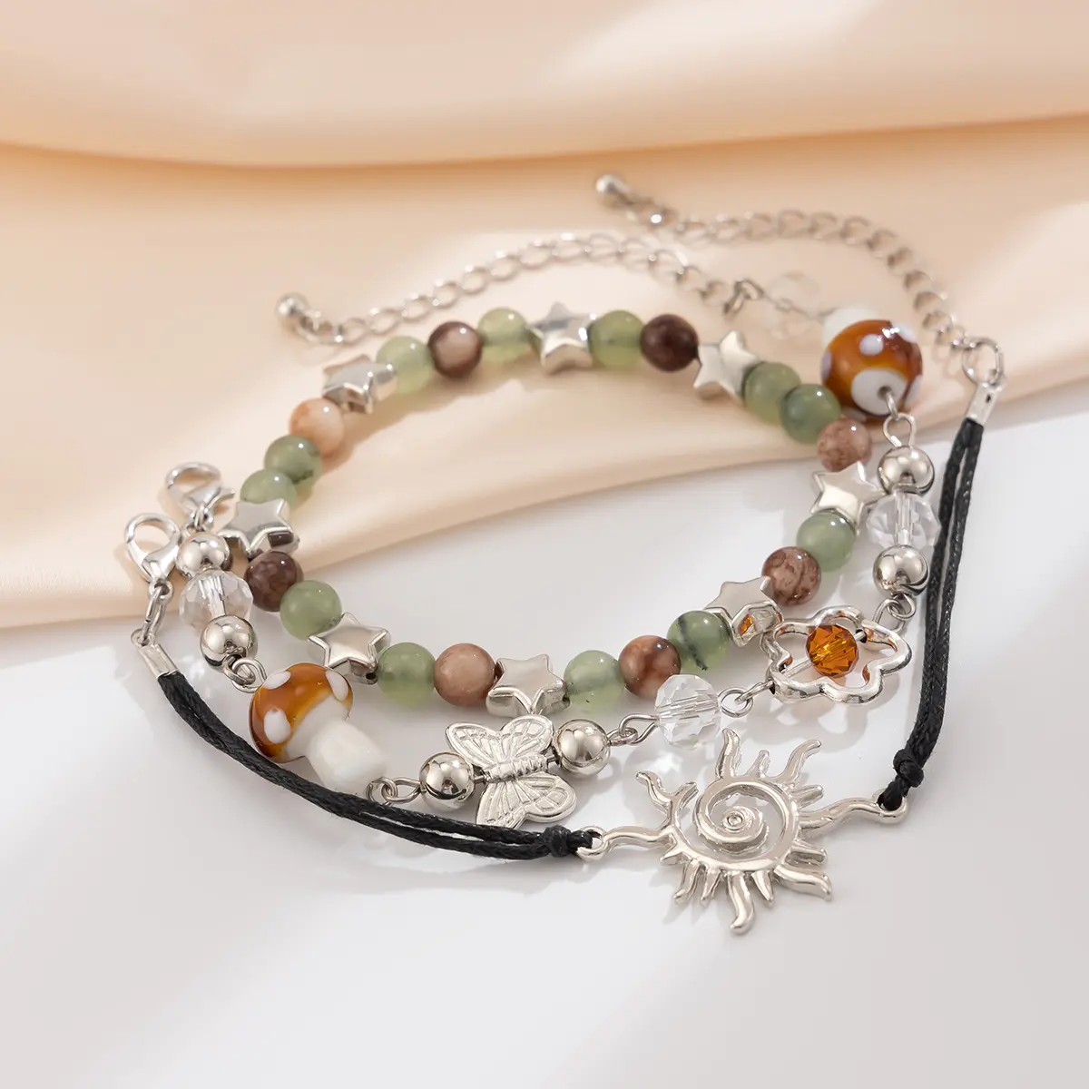 Ingemark 3Pcs Kpop Mushroom Butterfly Chain Bracelets Set for Women Summer Wed Bridal Boho Flower Bead Charm Bangles Y2K Jewelry