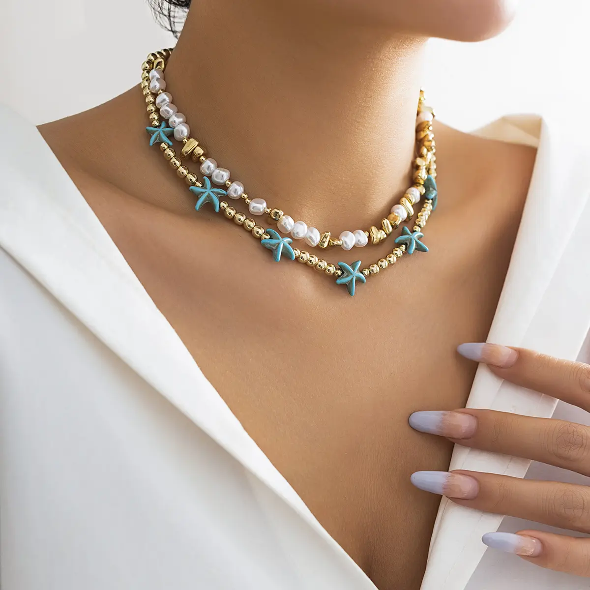 2Pcs/Set Boho Ocean Blue Starfish Star Beads Chain Necklace for Women Kpop Imitation Pearl Choker Aesthetic Beach Y2K Jewelry