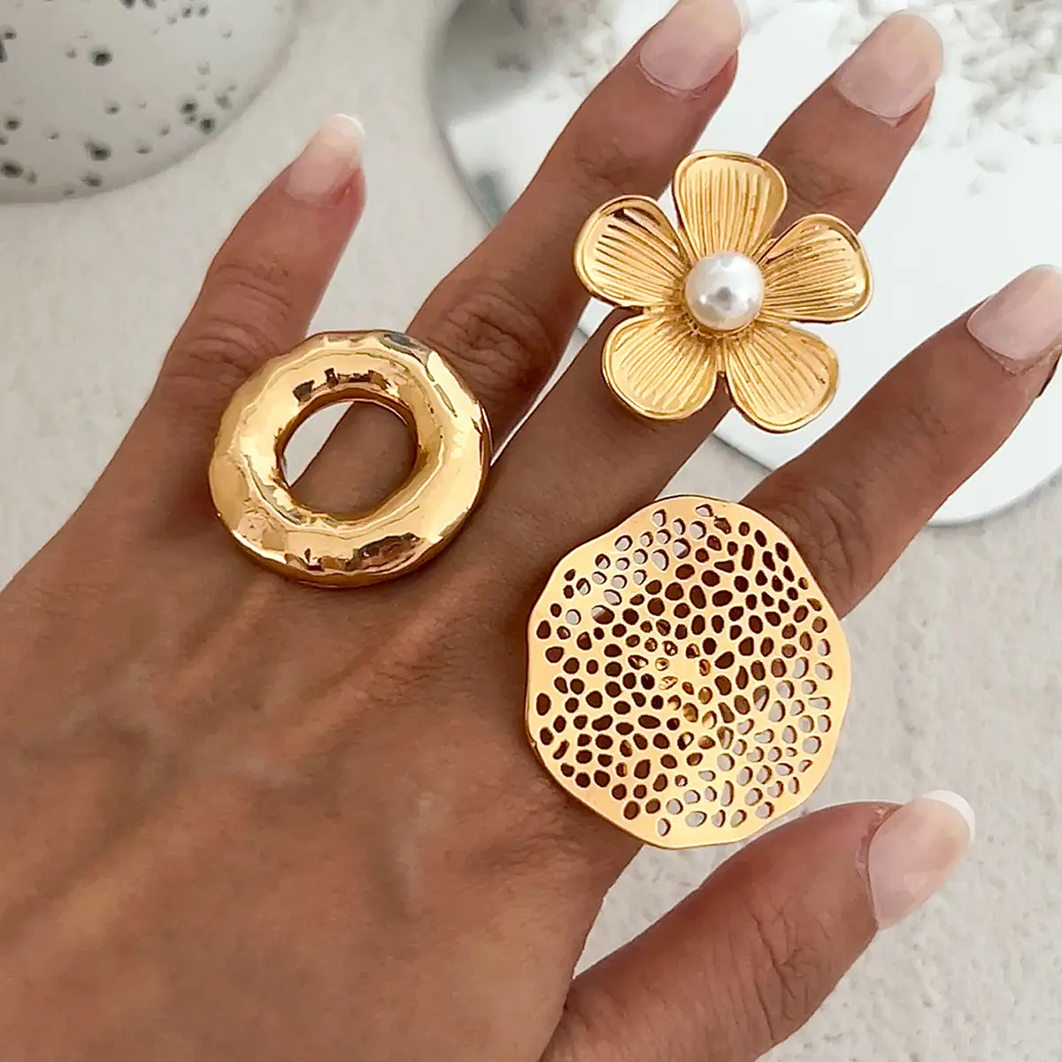 Ingemark Creative Unique Metal Petal Flower Branch Open Ring Women Punk Gold Color Geometric Adjustable Rings Y2K Couple Jewelry