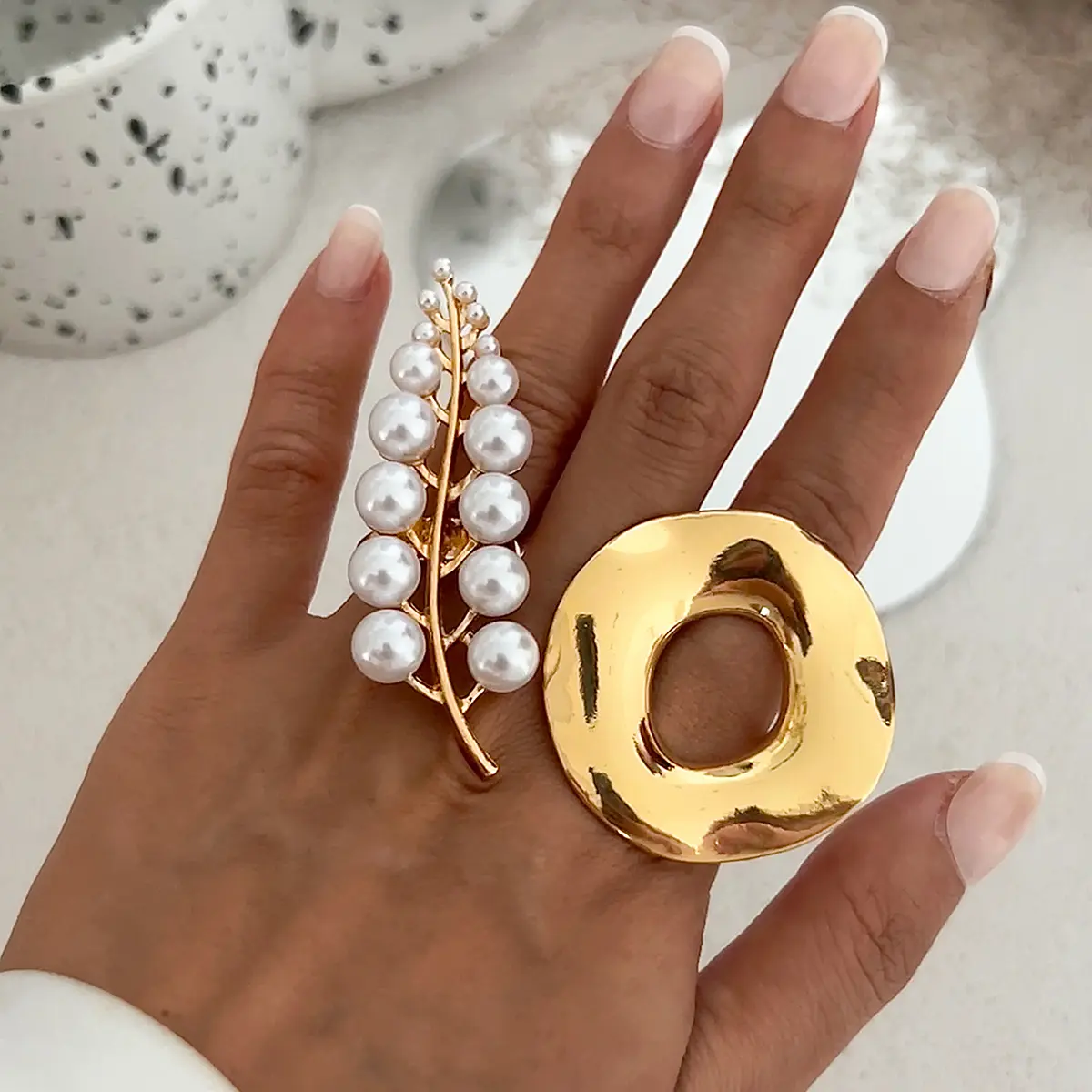 Ingemark Creative Unique Metal Petal Flower Branch Open Ring Women Punk Gold Color Geometric Adjustable Rings Y2K Couple Jewelry