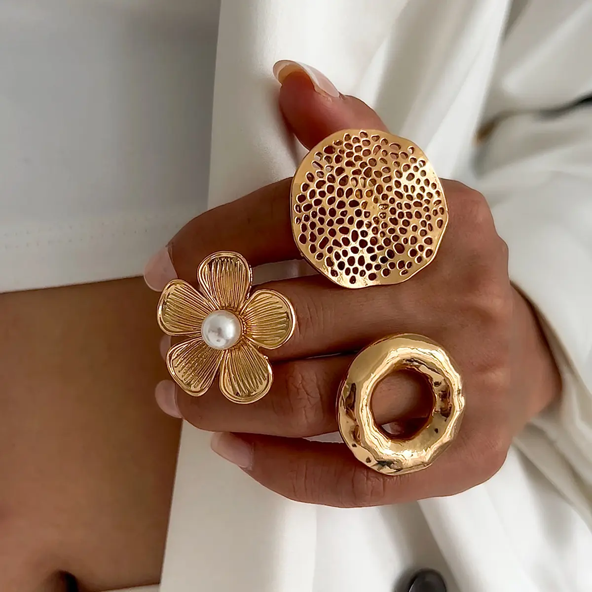 Ingemark Creative Unique Metal Petal Flower Branch Open Ring Women Punk Gold Color Geometric Adjustable Rings Y2K Couple Jewelry
