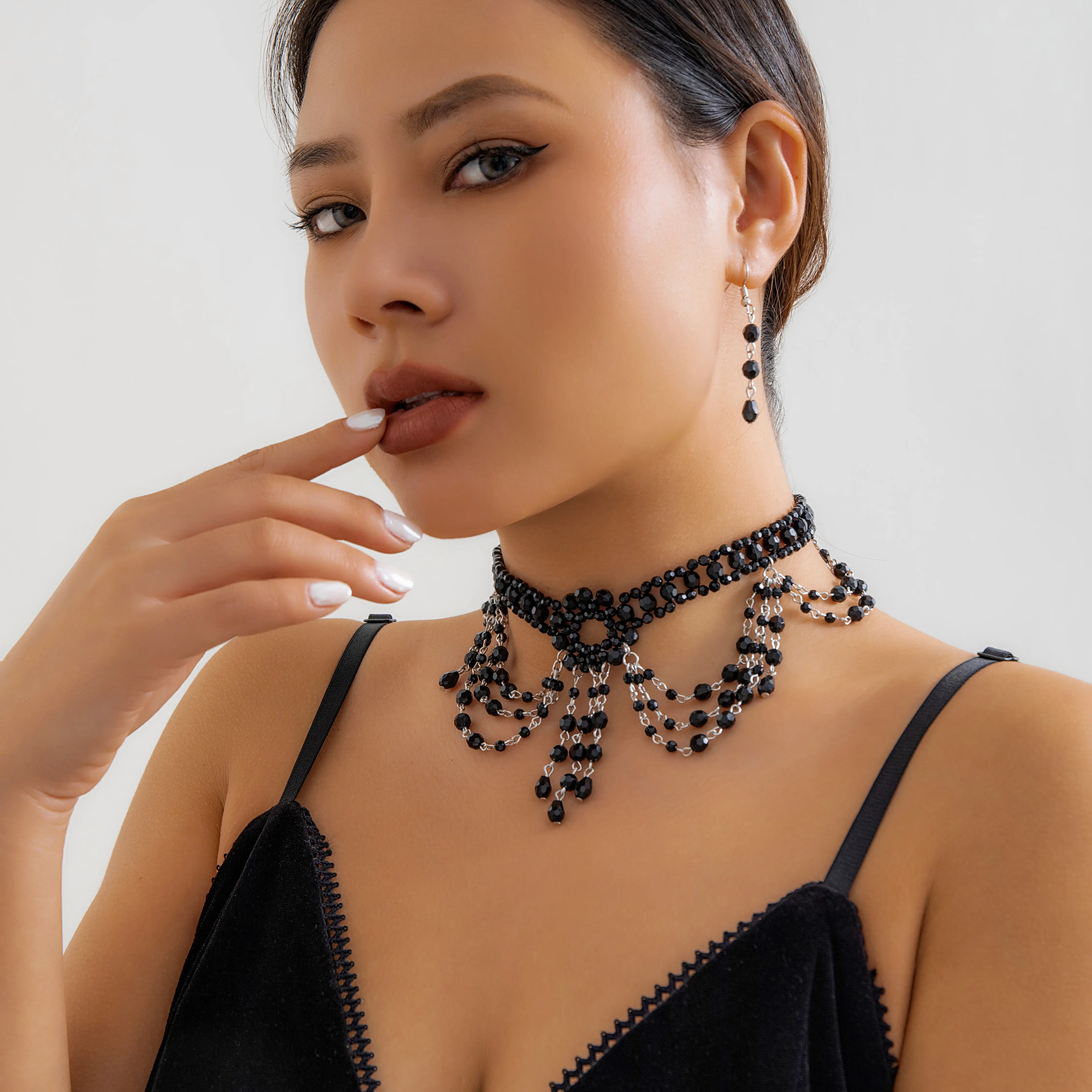 Ingemark Goth Black Crystal Tassel Pendant Necklace Drop Earrings for Women 2024 Trend Vintage Clavicle Chain Jewelry Set New