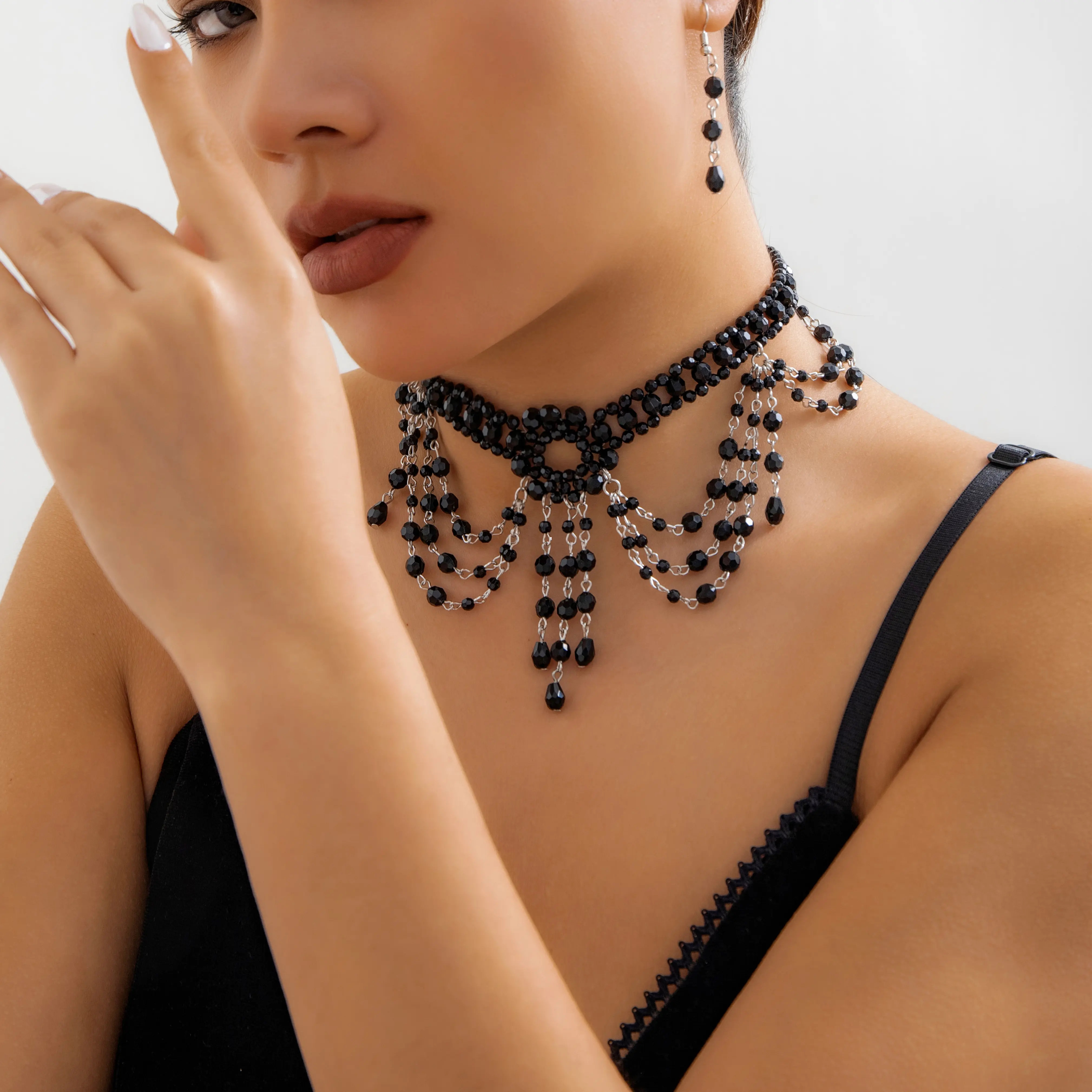 Ingemark Goth Black Crystal Tassel Pendant Necklace Drop Earrings for Women 2024 Trend Vintage Clavicle Chain Jewelry Set New
