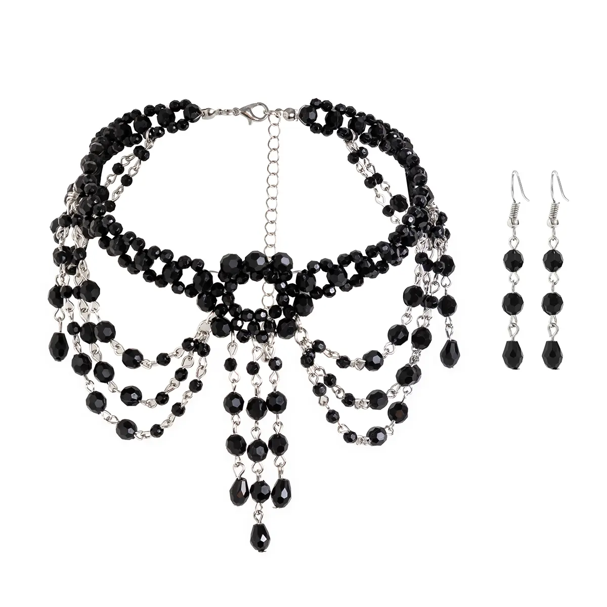 Ingemark Goth Black Crystal Tassel Pendant Necklace Drop Earrings for Women 2024 Trend Vintage Clavicle Chain Jewelry Set New
