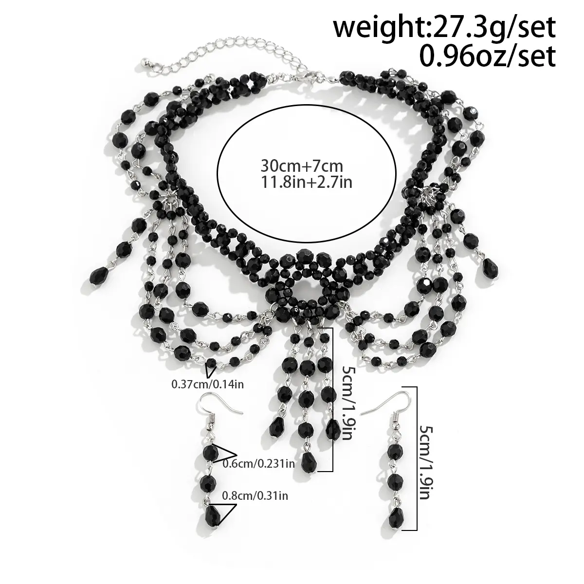 Ingemark Goth Black Crystal Tassel Pendant Necklace Drop Earrings for Women 2024 Trend Vintage Clavicle Chain Jewelry Set New
