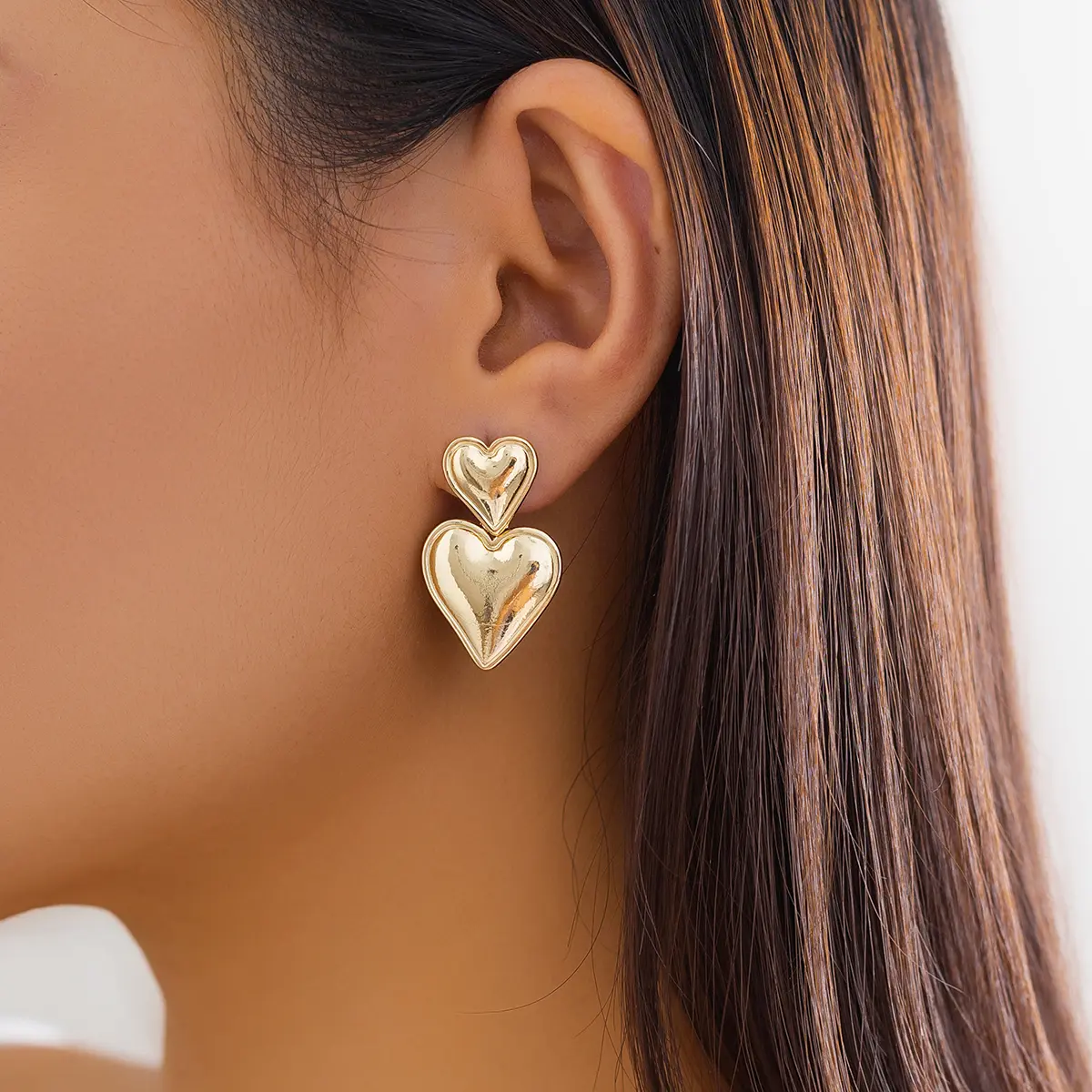 Punk Elegant Double Love Heart Drop Earrings for Women Gold Color Glossy Smooth Metal Hanging Piercing Earrings Friends Jewelry
