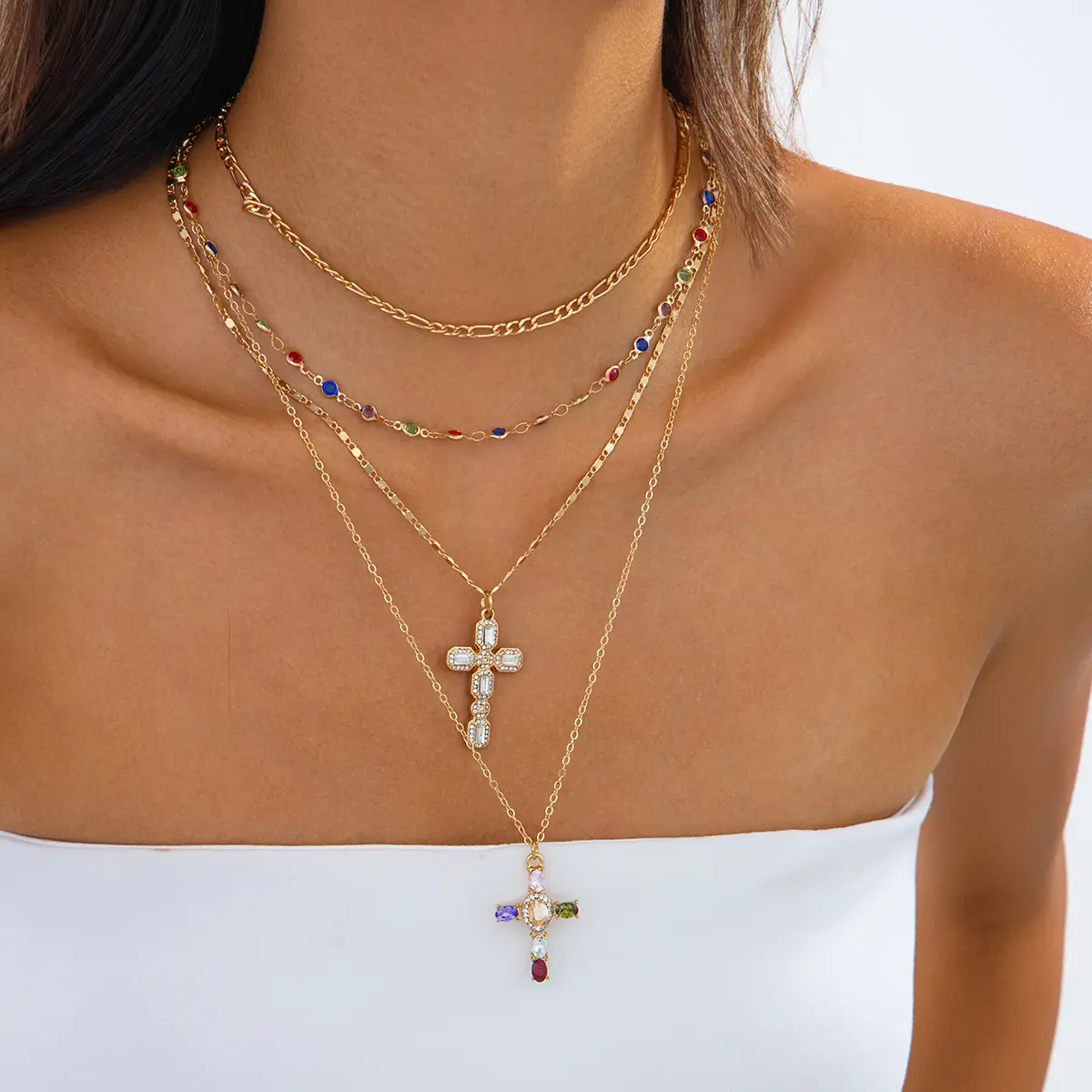 Ingemark 4Pcs/Set Trendy Colorful Rhinestone Cross Pendant Necklace for Women Vintage Gold Color Metal  Necklace Y2K Jewelry