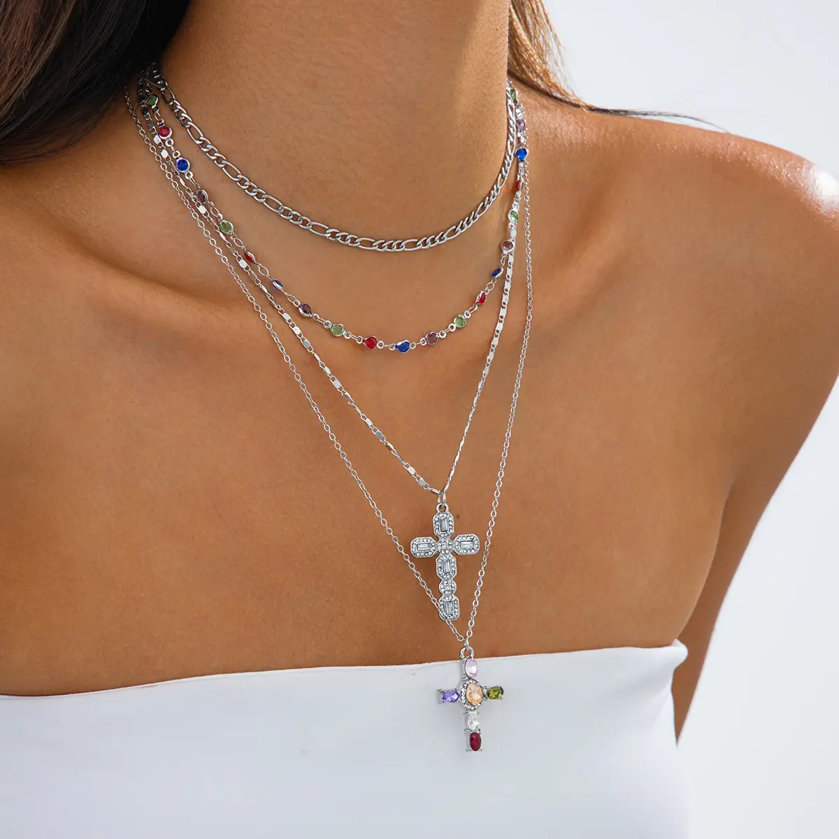Ingemark 4Pcs/Set Trendy Colorful Rhinestone Cross Pendant Necklace for Women Vintage Gold Color Metal  Necklace Y2K Jewelry