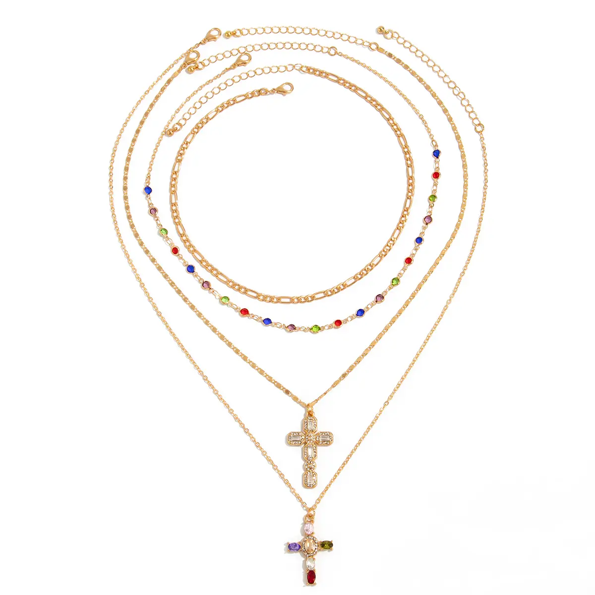 Ingemark 4Pcs/Set Trendy Colorful Rhinestone Cross Pendant Necklace for Women Vintage Gold Color Metal  Necklace Y2K Jewelry