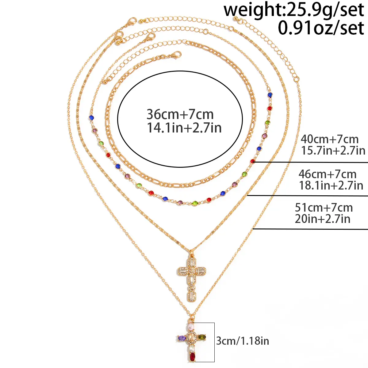 Ingemark 4Pcs/Set Trendy Colorful Rhinestone Cross Pendant Necklace for Women Vintage Gold Color Metal  Necklace Y2K Jewelry