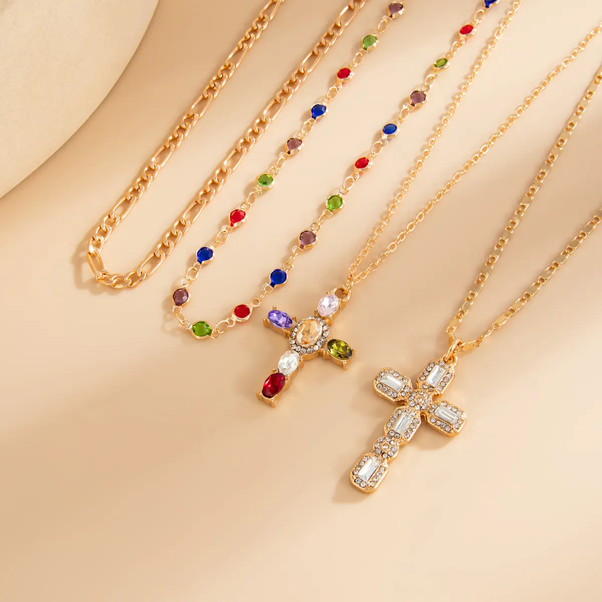 Ingemark 4Pcs/Set Trendy Colorful Rhinestone Cross Pendant Necklace for Women Vintage Gold Color Metal  Necklace Y2K Jewelry