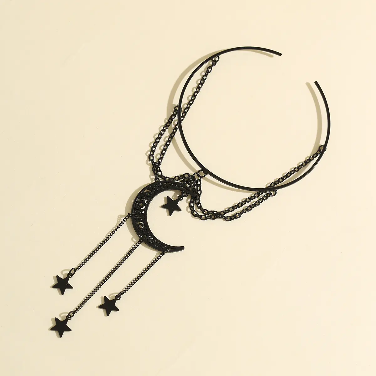 Ingemark Goth Black Moon Star Pendant Open Cuff Bangles for Women Vintage Tassel Pendant Arm Bracelet Jewelry Accessories Gift