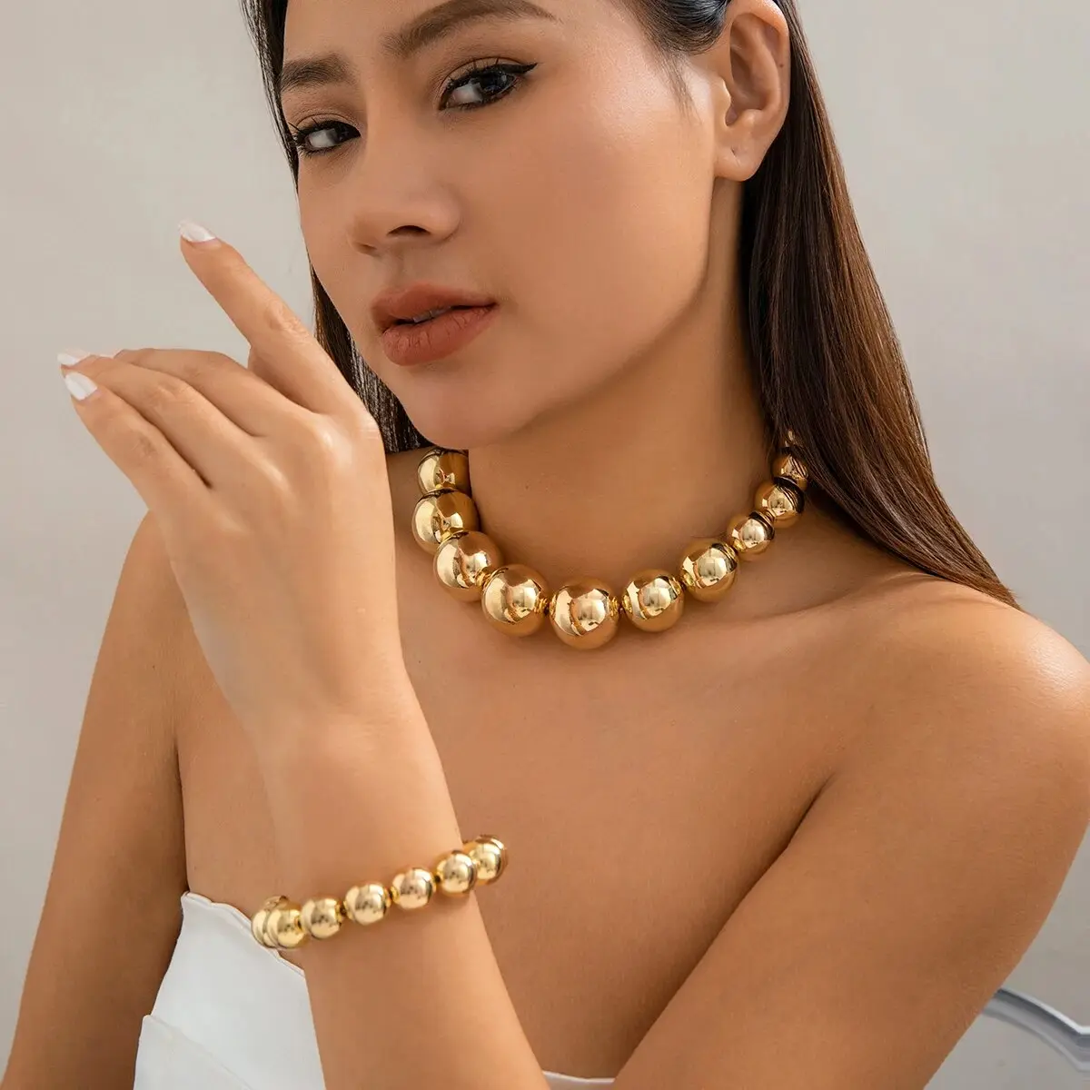 2Pcs Goth Creative Big CCB Beads Chain Necklace Bracelet for Women Vintage Adjustable Choker Grunge Jewelry Set Steampunk Men
