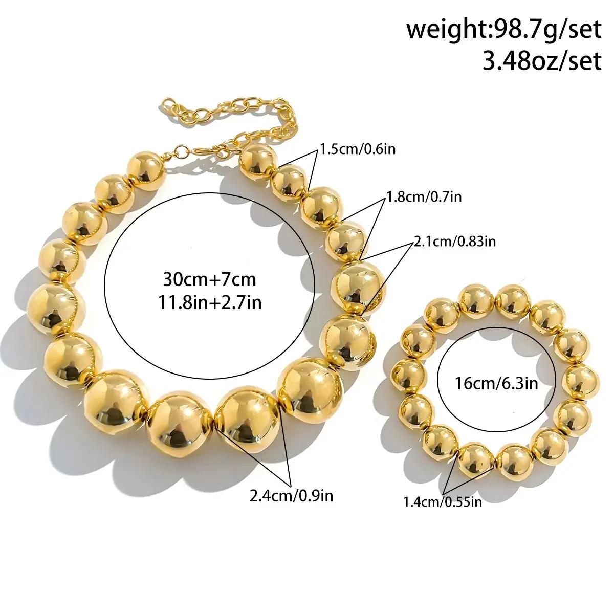 2Pcs Goth Creative Big CCB Beads Chain Necklace Bracelet for Women Vintage Adjustable Choker Grunge Jewelry Set Steampunk Men