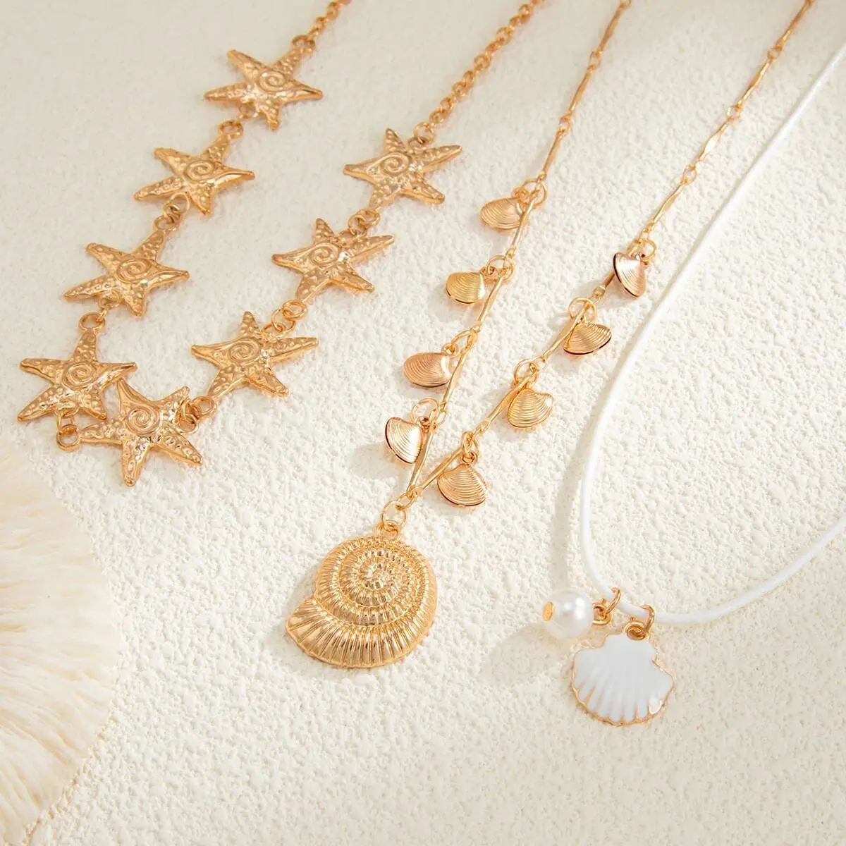 Ingemark 3Pcs/Set Boho Starfish Metal Chain Necklace for Women Summer Beach Conch Scallop Pendant Choker Vacation Neck Jewelry