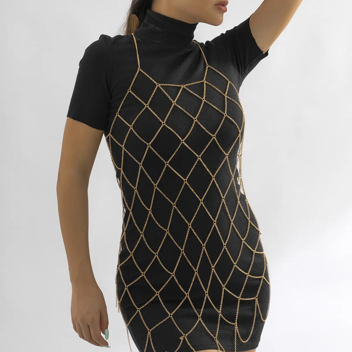 Vintage Aluminum Mesh Mini Dress Off Shoulder Backless Hollow Out Split Sleeveless Fish Net Body Jewelry Elegant Party Dresses