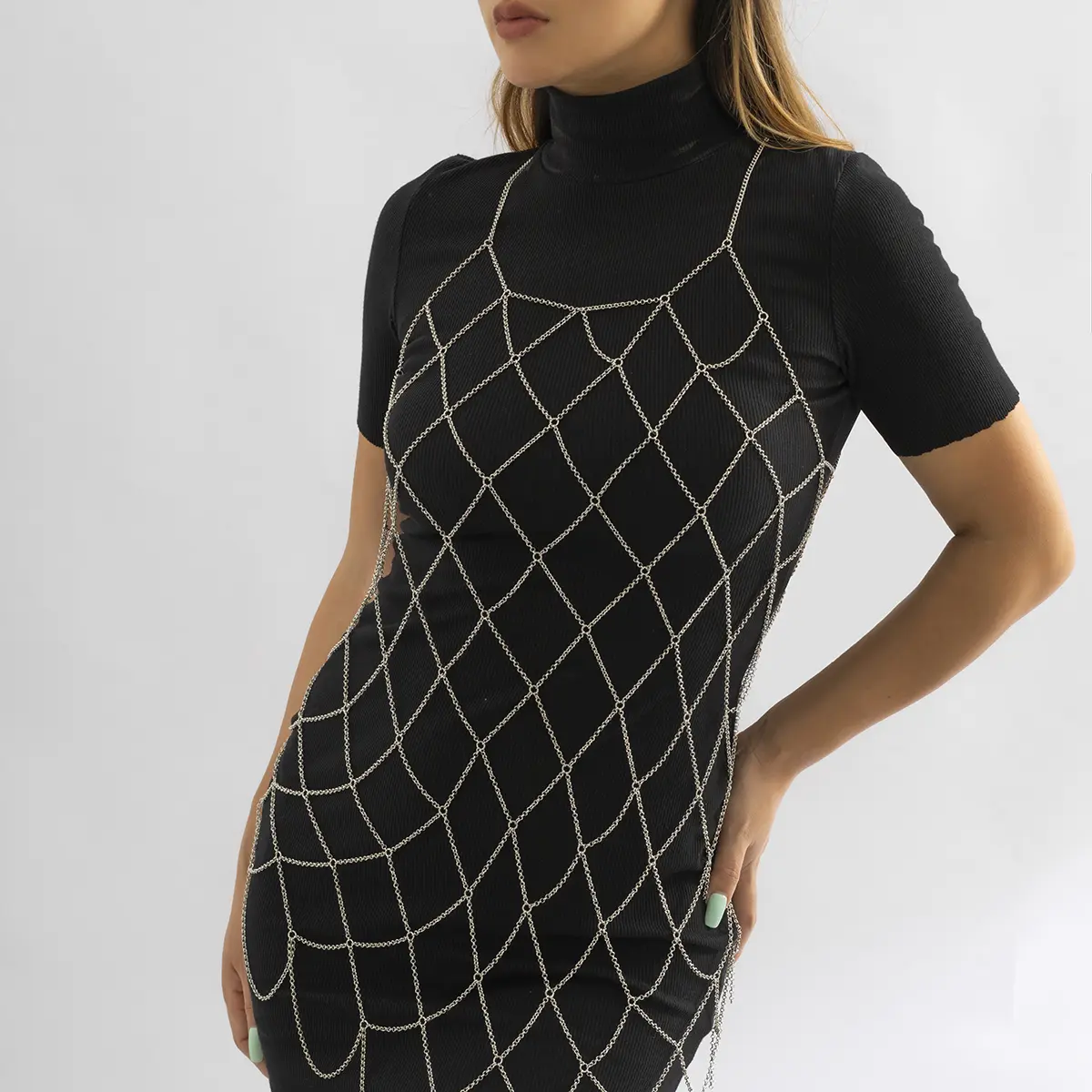 Vintage Aluminum Mesh Mini Dress Off Shoulder Backless Hollow Out Split Sleeveless Fish Net Body Jewelry Elegant Party Dresses