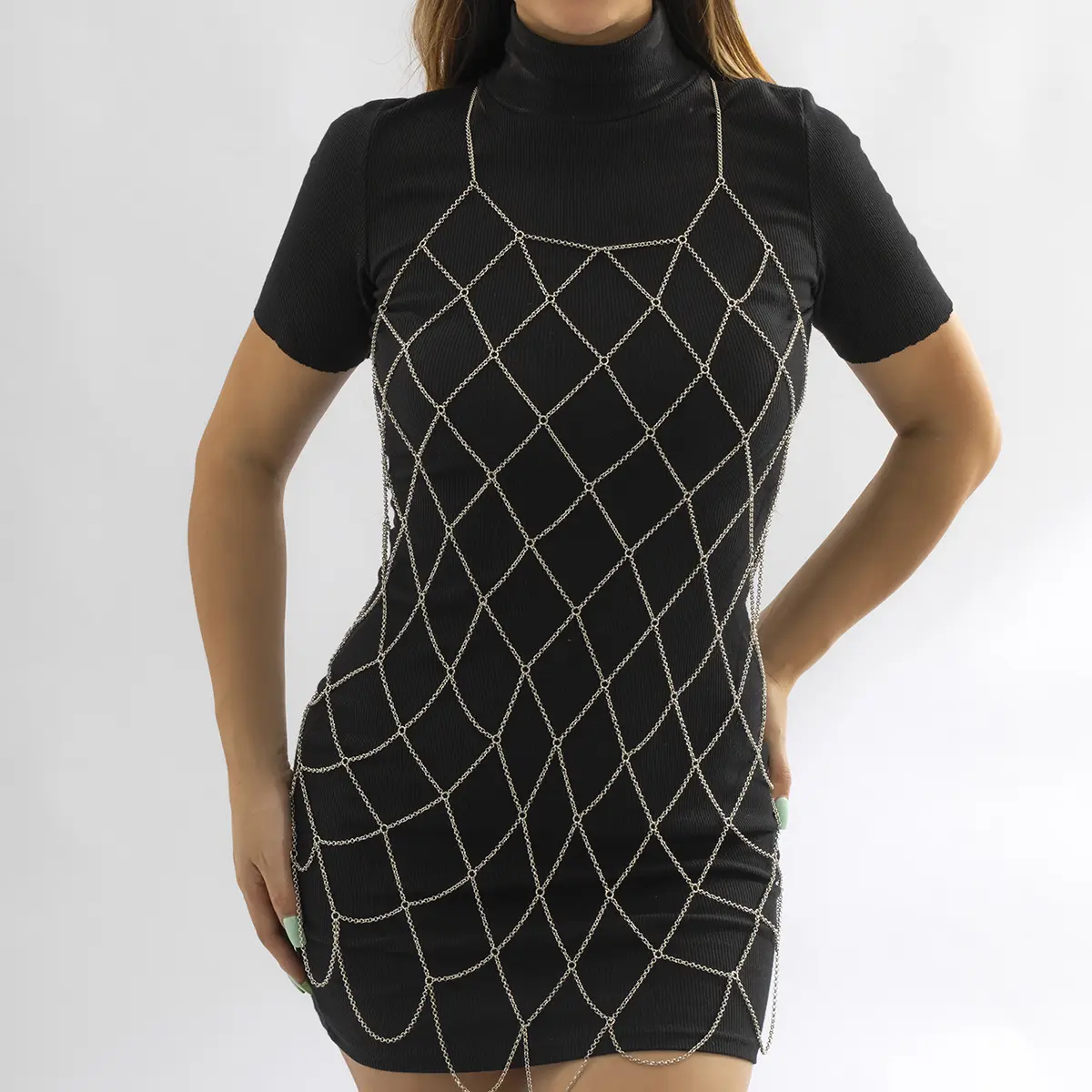 Vintage Aluminum Mesh Mini Dress Off Shoulder Backless Hollow Out Split Sleeveless Fish Net Body Jewelry Elegant Party Dresses