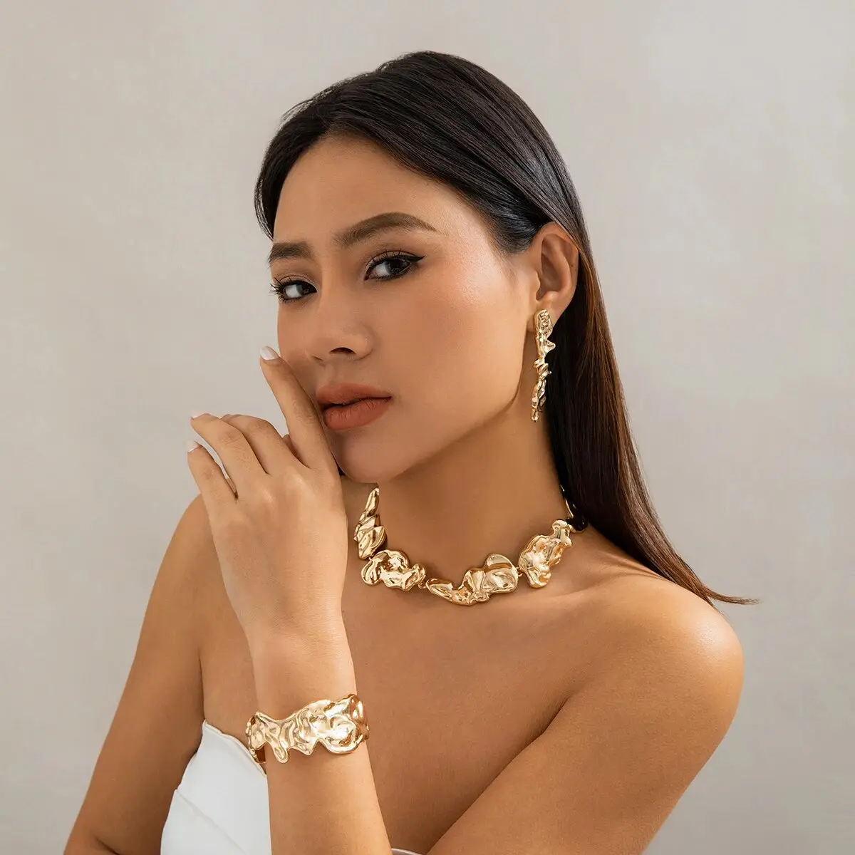 Unique Creative Irregular Big Heavy Metal Chain Necklace for Women Punk Adjustable Bracelet Earring Grunge Jewelry Set Steampunk