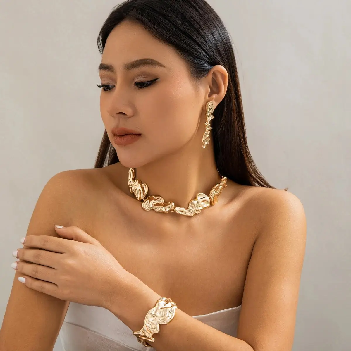 Unique Creative Irregular Big Heavy Metal Chain Necklace for Women Punk Adjustable Bracelet Earring Grunge Jewelry Set Steampunk