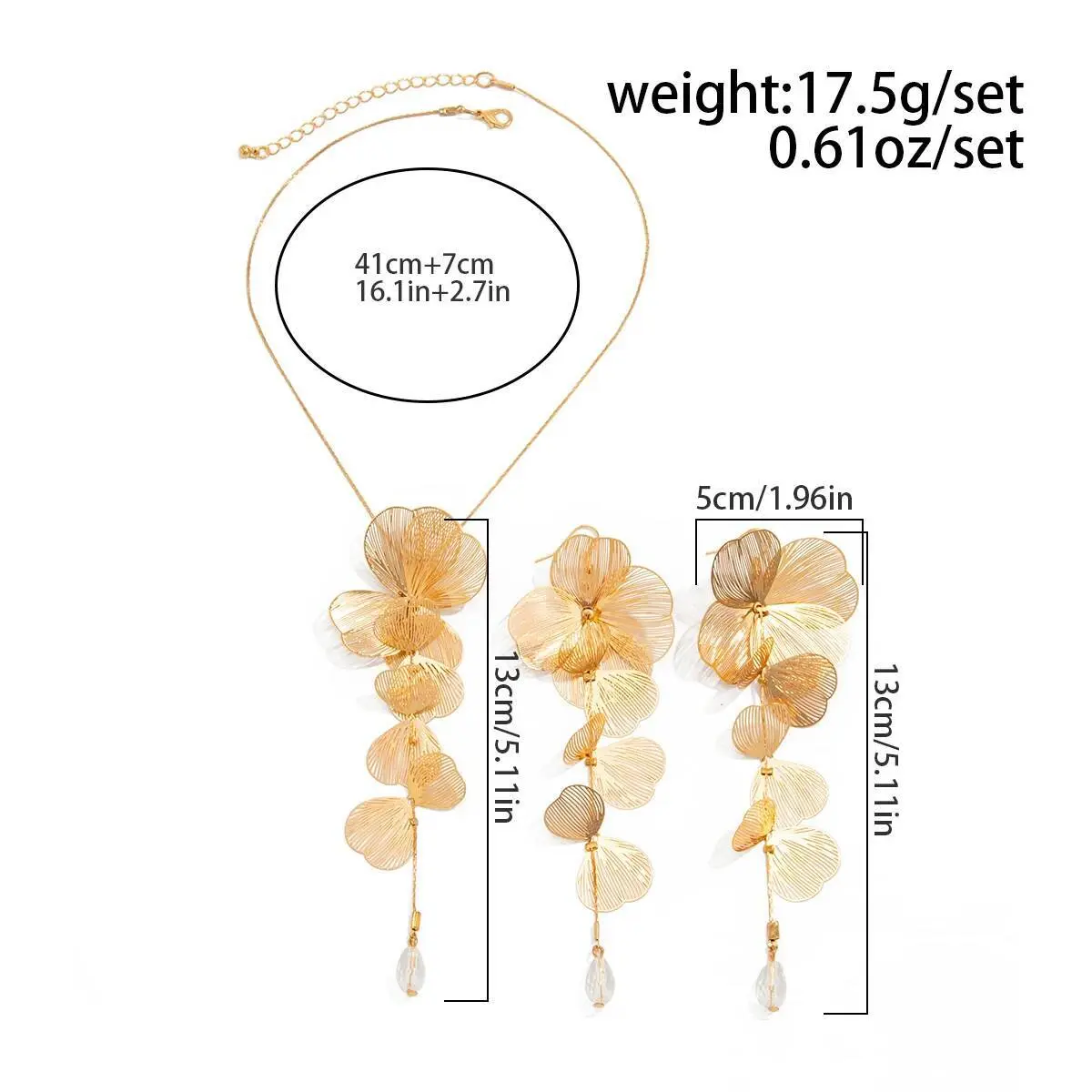 Ingemark Elegant Petal Flower Long Tassel Pendant Necklace Piercing Drop Earrings for Women Wedding Bridal Daily Jewelry Set