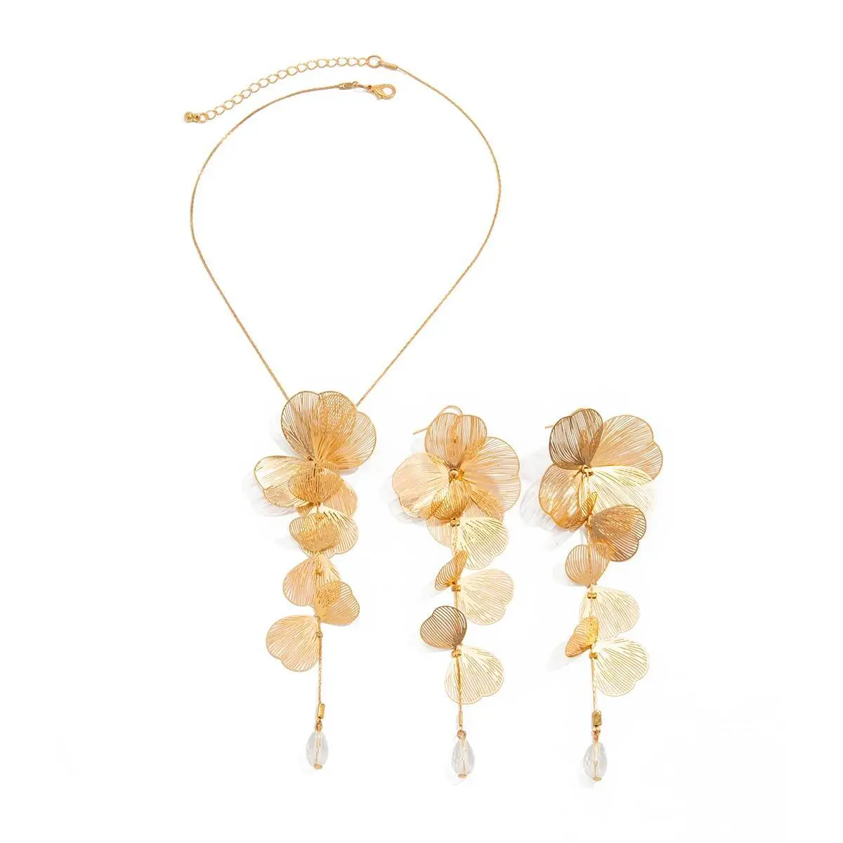 Ingemark Elegant Petal Flower Long Tassel Pendant Necklace Piercing Drop Earrings for Women Wedding Bridal Daily Jewelry Set