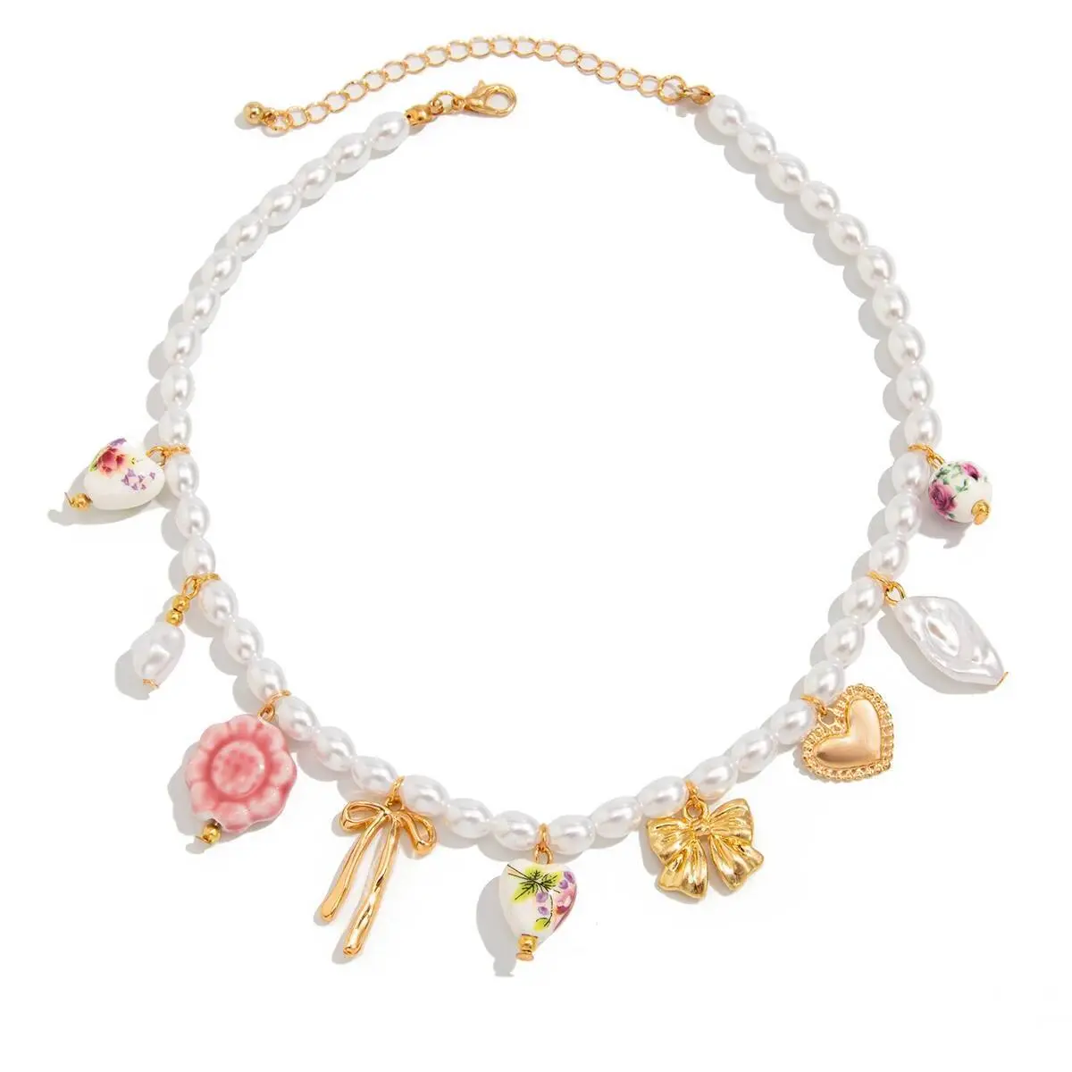 Ingemark Y2K Boho Love Heart Bow Pendant Choker Necklace for Women Elegant Imitation Pearl Clavicle Chain Wedding Neck Jewelry