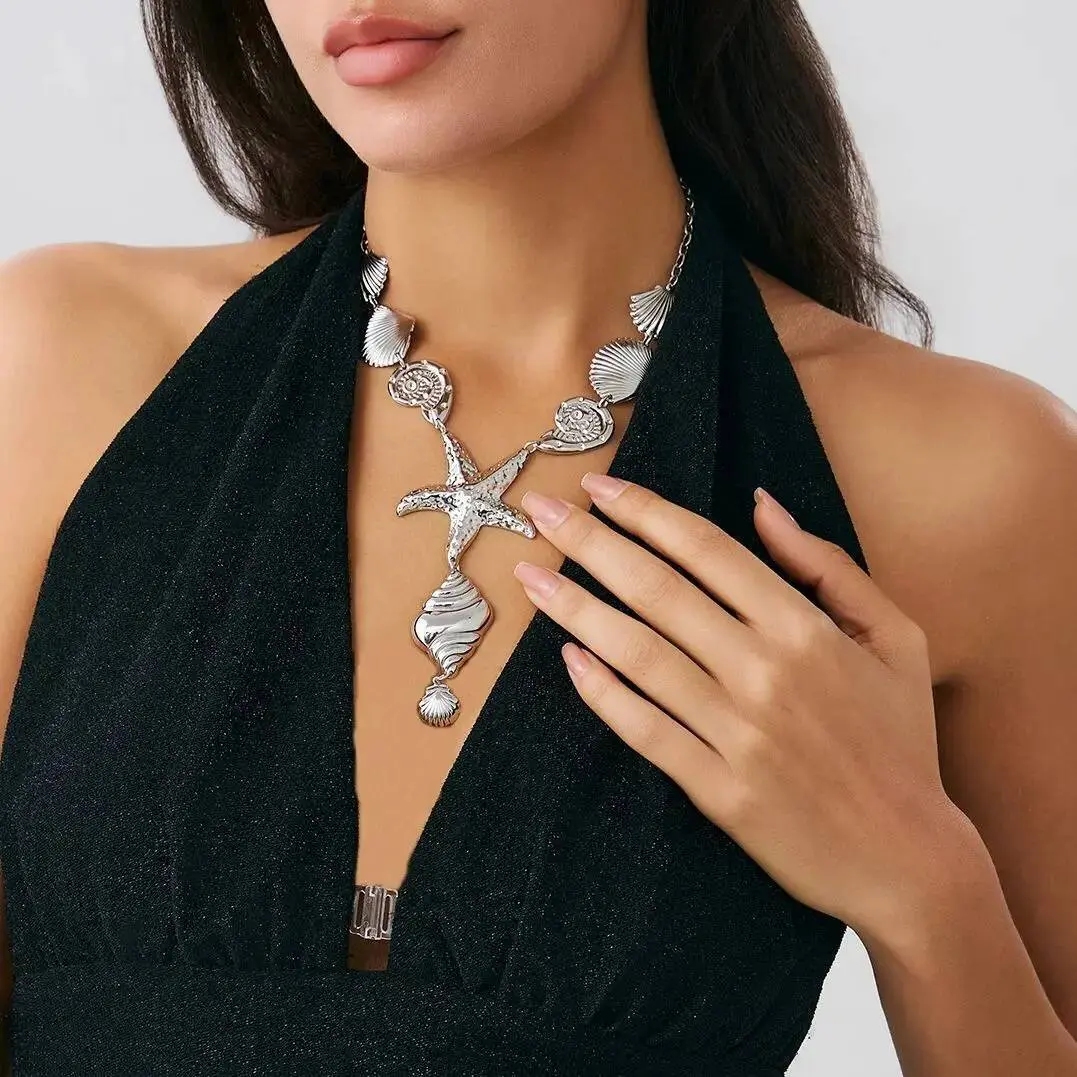 Ingemark Punk Metal Starfish Scallop Conch Pendant Necklace for Women New Ocean Beach Boho Adjustable Chain Grunge Jewelry Men