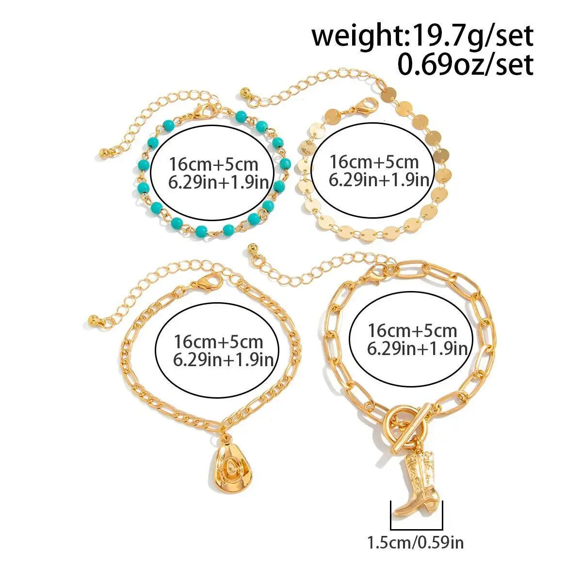 Ingemark 4Pcs/Set Ethnic Cowboy Hat Boots Pendant Bracelets for Women Boho Sequin Chain Bangles Aesthetic Couple Jewelry Gift
