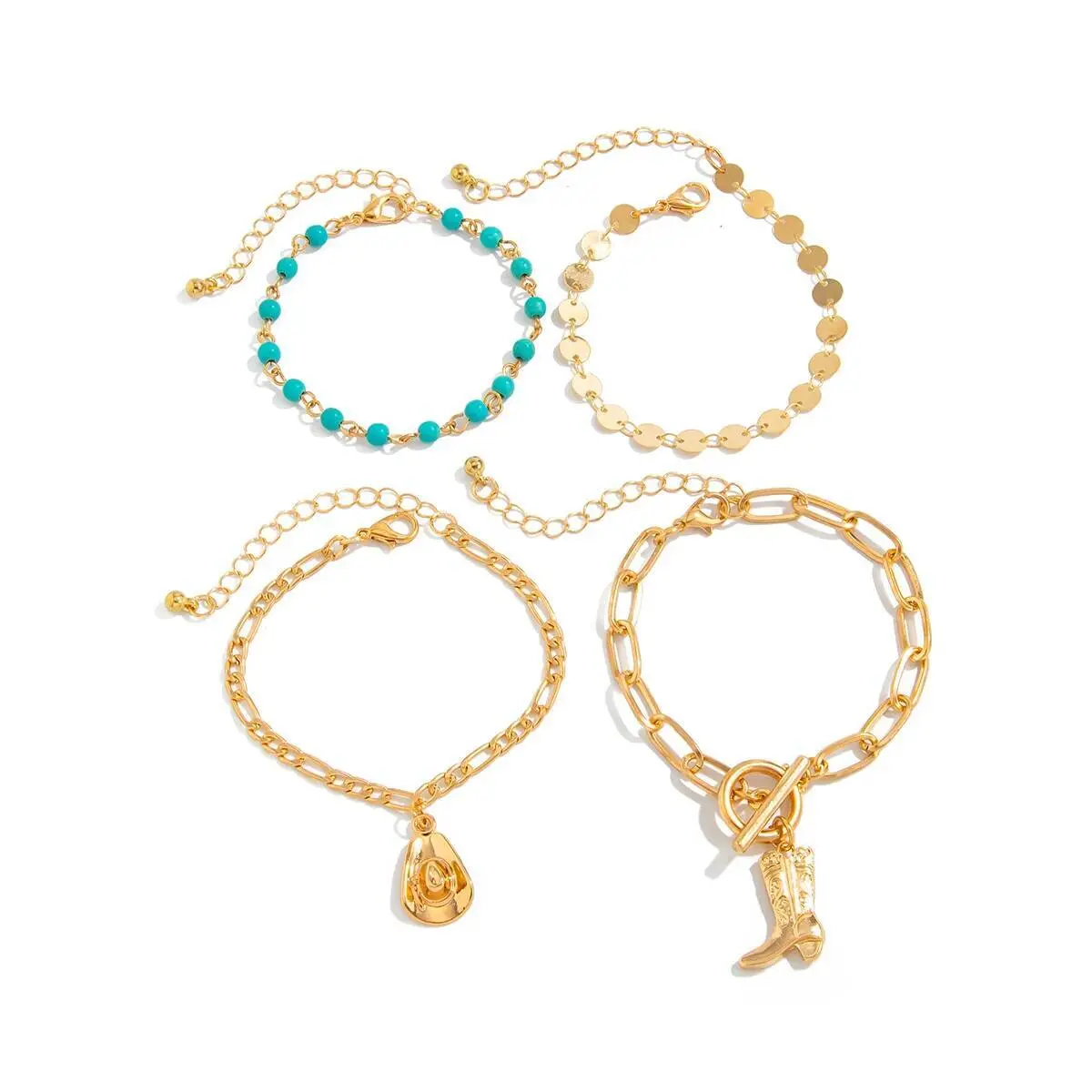 Ingemark 4Pcs/Set Ethnic Cowboy Hat Boots Pendant Bracelets for Women Boho Sequin Chain Bangles Aesthetic Couple Jewelry Gift