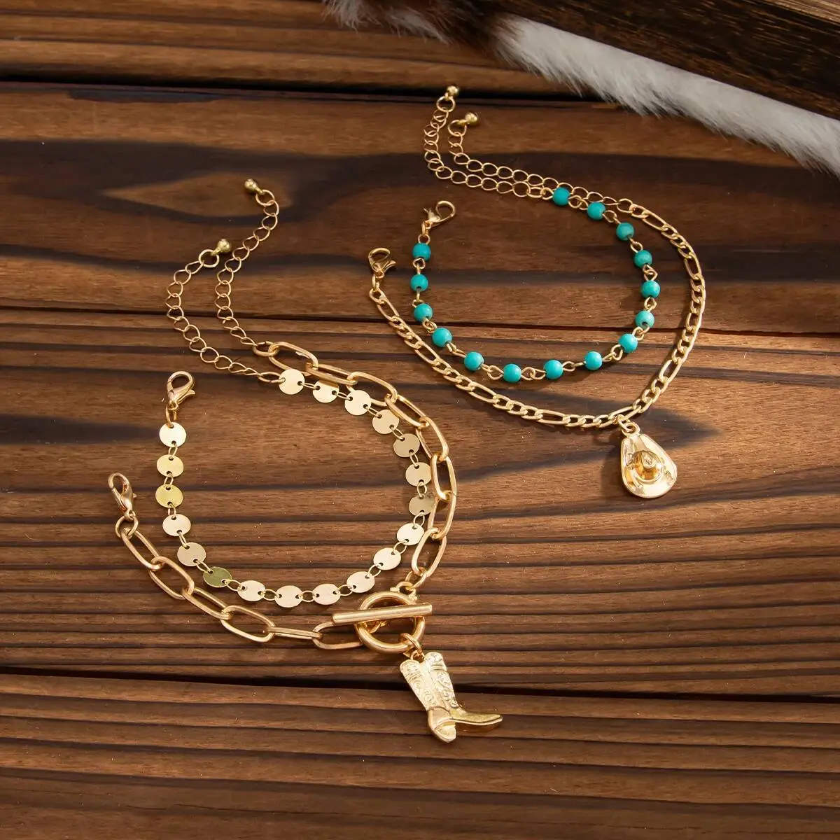 Ingemark 4Pcs/Set Ethnic Cowboy Hat Boots Pendant Bracelets for Women Boho Sequin Chain Bangles Aesthetic Couple Jewelry Gift