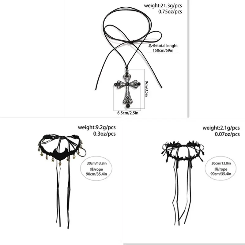 Exaggerated Goth Rhinestone Big Cross Jesus Pendant Choker Necklace Women Adjustable Bowknot Rope Chain Halloween Party Jewelry