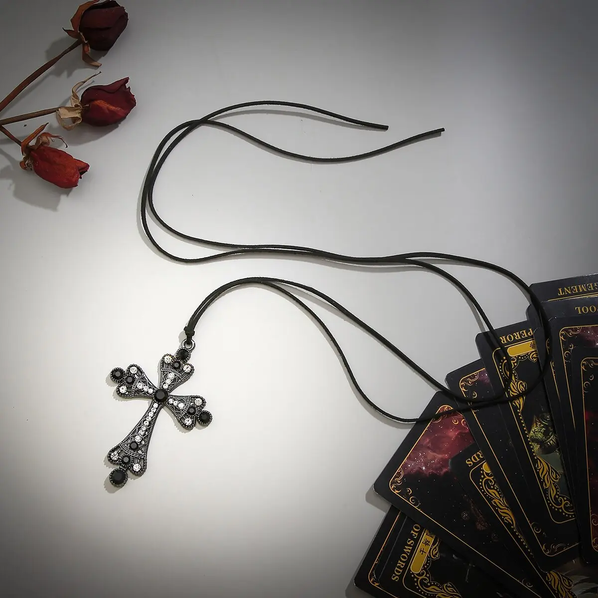Exaggerated Goth Rhinestone Big Cross Jesus Pendant Choker Necklace Women Adjustable Bowknot Rope Chain Halloween Party Jewelry