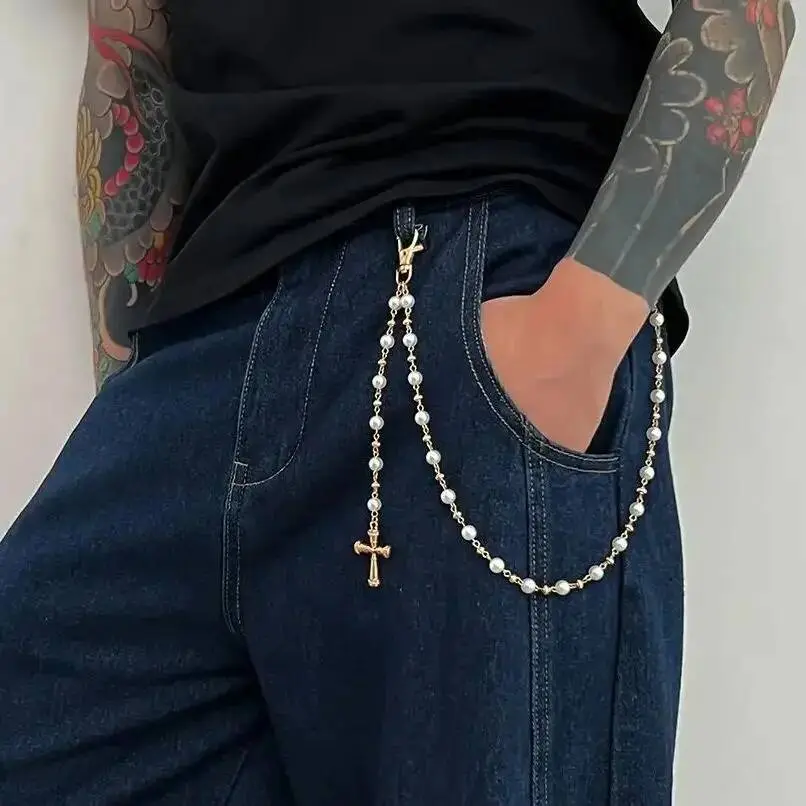 Ingemark Creative Cross Pendant Imitation Pearl Keychain Wallet Belt Chain for Men Women Trousers Hipster Jeans Chain Jewelry