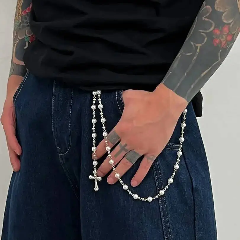 Ingemark Creative Cross Pendant Imitation Pearl Keychain Wallet Belt Chain for Men Women Trousers Hipster Jeans Chain Jewelry