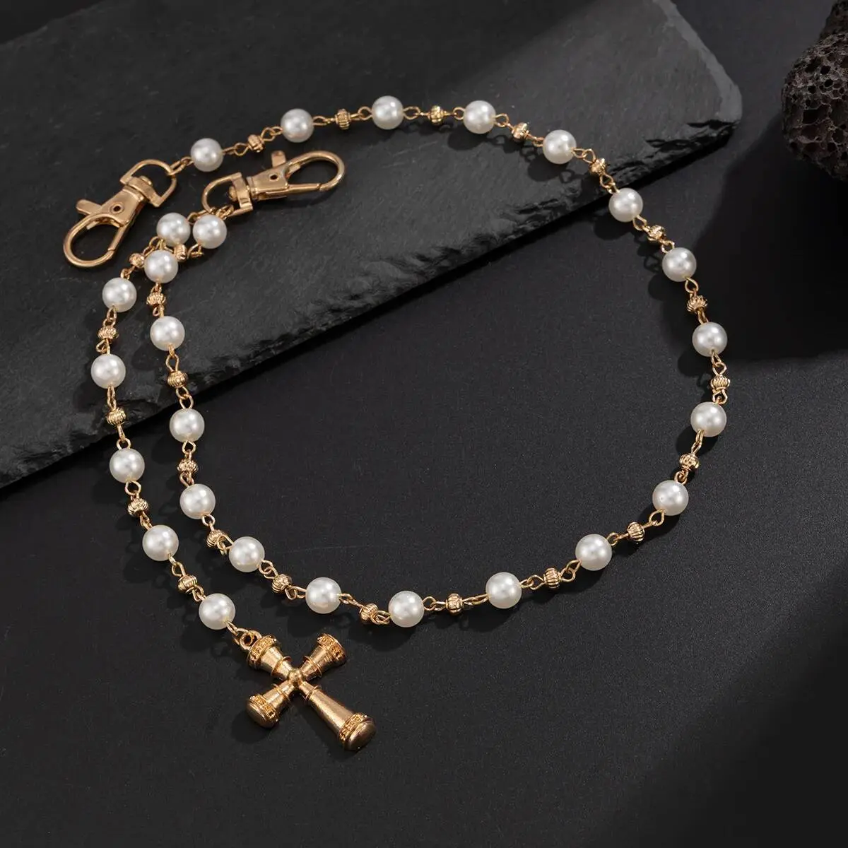Ingemark Creative Cross Pendant Imitation Pearl Keychain Wallet Belt Chain for Men Women Trousers Hipster Jeans Chain Jewelry