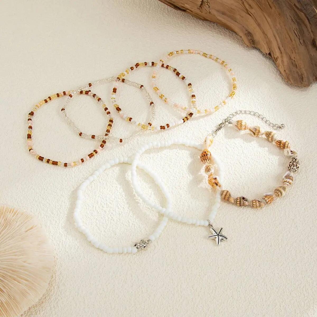 Ingemark Y2K Boho Starfish Conch Pendant Anklet for Women Summer Beach Vintage Rice Beads Ankle Barefoot Chain Foot Jewelry Set