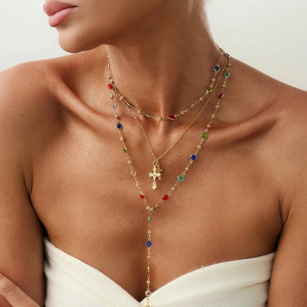 Ingemark 3Pcs/Set Y2K Boho Crystal Tassel Chain Necklace Women Collares New Trend Goth Cross Pendant Choker Party Jewelry Gift